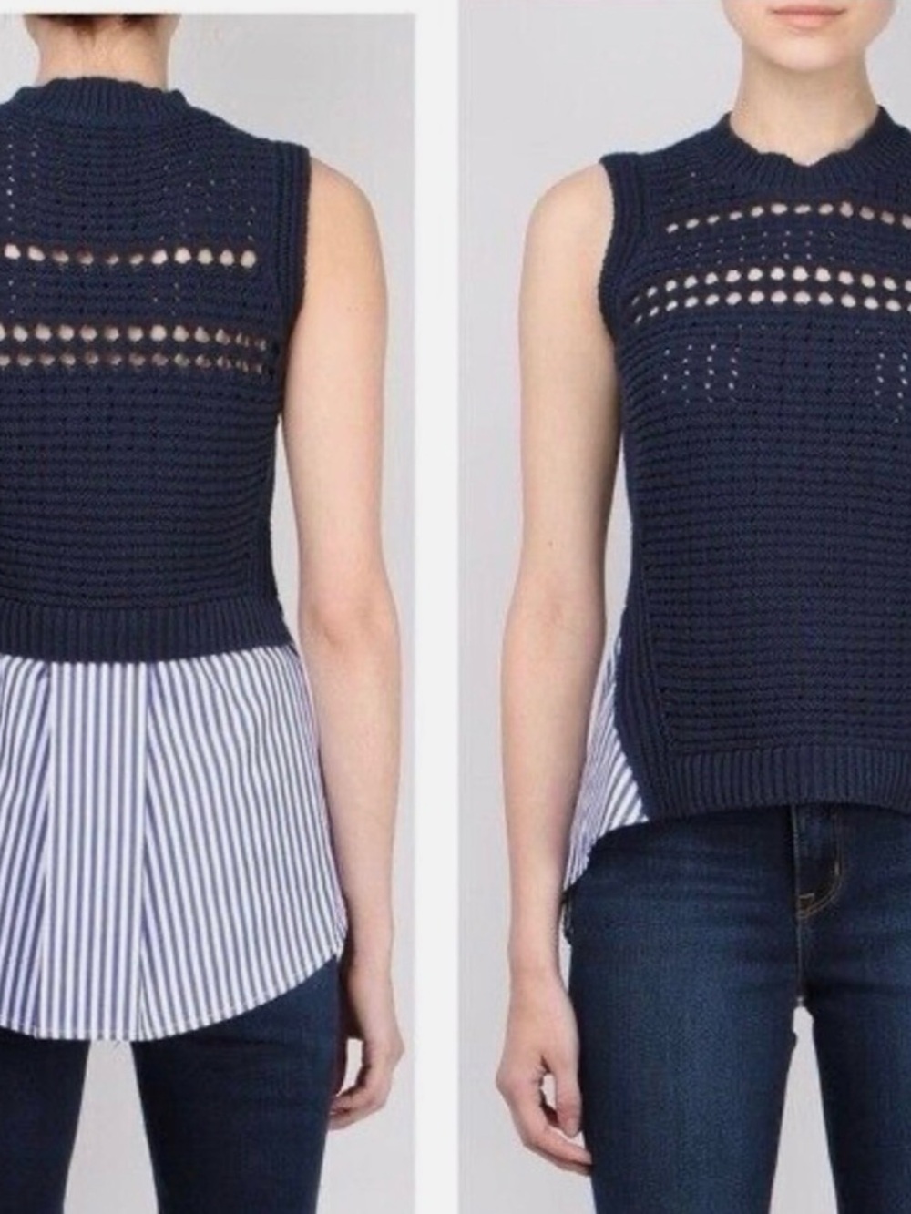 Veronica Beard Par Combo Sweater Crochet Knit Vest with Shirt Tail Blue White L